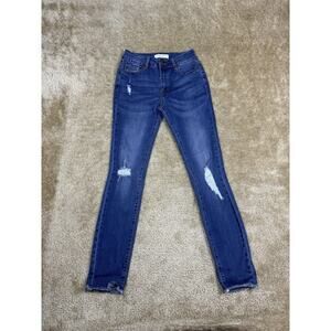 Encore Jeans Skinny Distressed Dark Wash Size 3 Stretch Raw Hem A530
